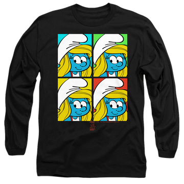 Black men's long sleeve t-shirt with The Smurfs Tiles graphic