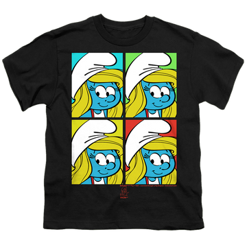 Black youth t-shirt for ages 8 to 12 with The Smurfs Tiles graphic