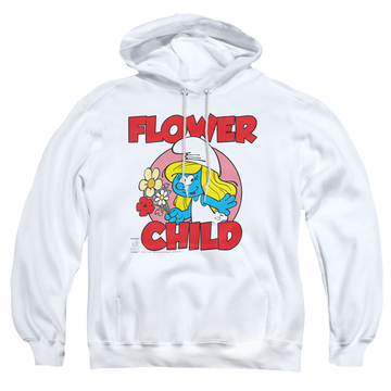 White pullover hoodie with The Smurfs Flower Child graphic