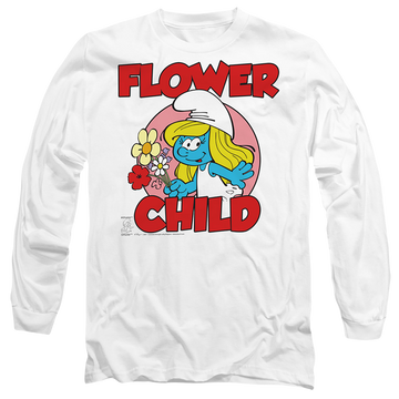 White men's long sleeve t-shirt with The Smurfs Flower Child graphic
