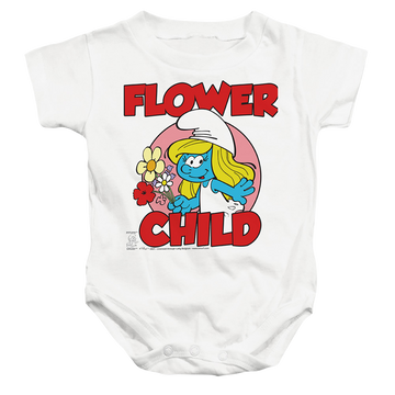 White baby bodysuit with The Smurfs Flower Child graphic