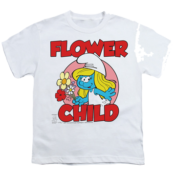 White youth t-shirt for ages 8 to 12 with The Smurfs Flower Child graphic