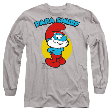 Athletic heather men's long sleeve t-shirt with The Smurfs Papa Smurf graphic