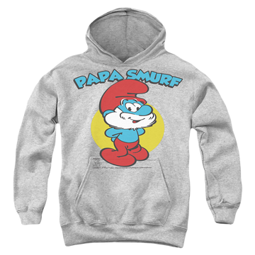 Athletic heather youth hoodie for ages 8 to 12 with The Smurfs Papa Smurf graphic