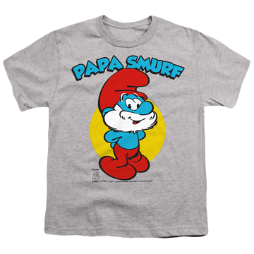 Athletic heather youth t-shirt for ages 8 to 12 with The Smurfs Papa Smurf graphic