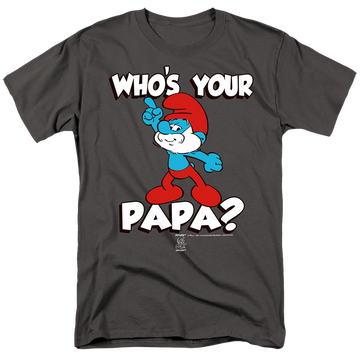Charcoal men's regular fit t-shirt with The Smurfs Who's Your Papa? graphic
