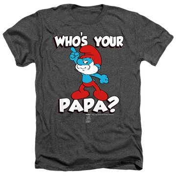 Charcoal men's heather t-shirt with The Smurfs Who's Your Papa? graphic