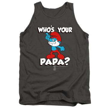 Charcoal men's tank with The Smurfs Who's Your Papa? graphic