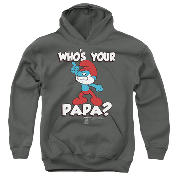 Charcoal youth hoodie for ages 8 to 12 with The Smurfs Who's Your Papa? graphic