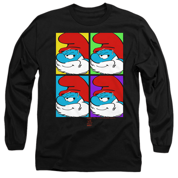 Black men's long sleeve t-shirt with The Smurfs Tiles graphic