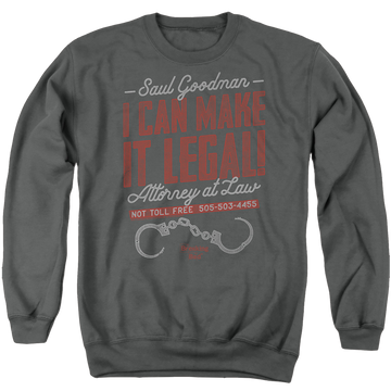 Charcoal men's crewneck sweatshirt with Breaking Bad Make It Legal graphic
