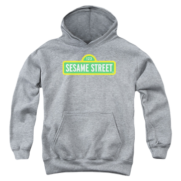 Athletic heather youth hoodie for ages 8 to 12 with Sesame Street Logo graphic