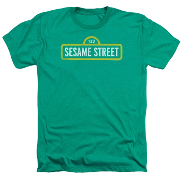 Kelly green men's heather t-shirt with Sesame Street Rough Logo graphic