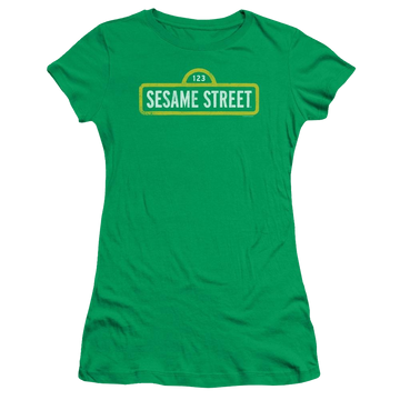 Kelly green juniors t-shirt with Sesame Street Rough Logo graphic
