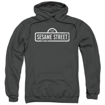Charcoal pullover hoodie with Sesame Street One Color Logo graphic
