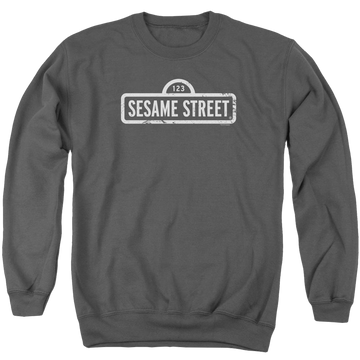 Charcoal men's crewneck sweatshirt with Sesame Street One Color Logo graphic