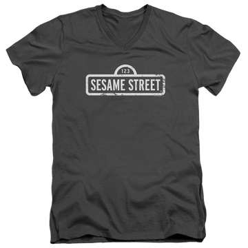 Charcoal men's v-neck t-shirt with Sesame Street One Color Logo graphic