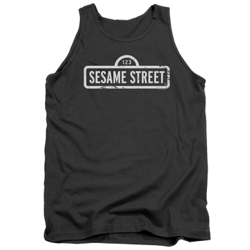Charcoal men's tank with Sesame Street One Color Logo graphic