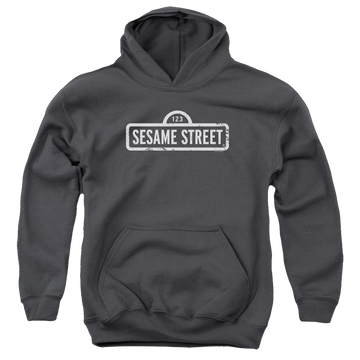 Charcoal youth hoodie for ages 8 to 12 with Sesame Street One Color Logo graphic