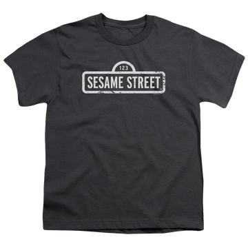 Charcoal youth t-shirt for ages 8 to 12 with Sesame Street One Color Logo graphic