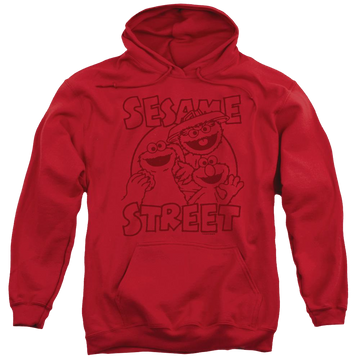 Red pullover hoodie with Sesame Street Group Crunch graphic