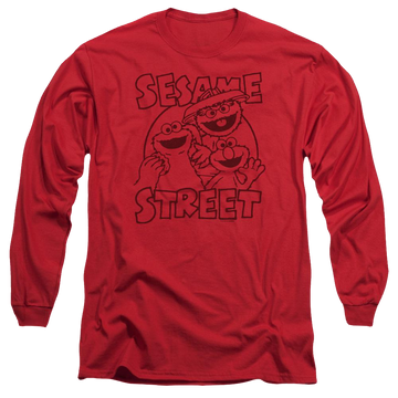 Red men's long sleeve t-shirt with Sesame Street Group Crunch graphic