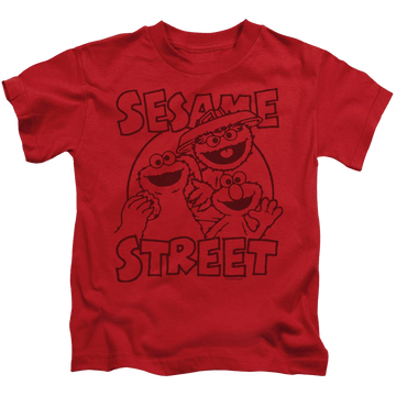 Red kid's t-shirt for ages 4 to 7 with Sesame Street Group Crunch graphic