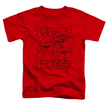 Red toddler t-shirt with Sesame Street Group Crunch graphic
