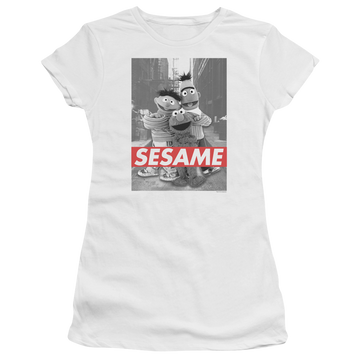White juniors t-shirt with Sesame Street Sesame graphic