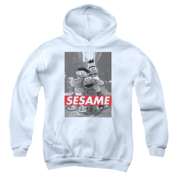 White youth hoodie for ages 8 to 12 with Sesame Street Sesame graphic
