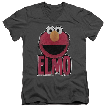Charcoal men's v-neck t-shirt with Sesame Street Elmo Smile graphic