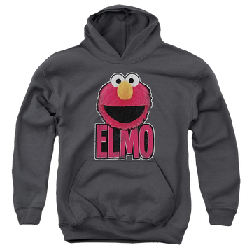 Charcoal youth hoodie for ages 8 to 12 with Sesame Street Elmo Smile graphic