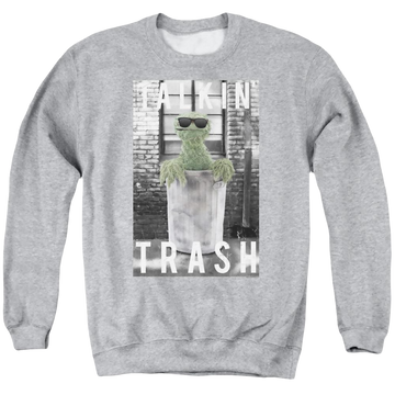 Athletic heather men's crewneck sweatshirt with Sesame Street Talkin Trash graphic
