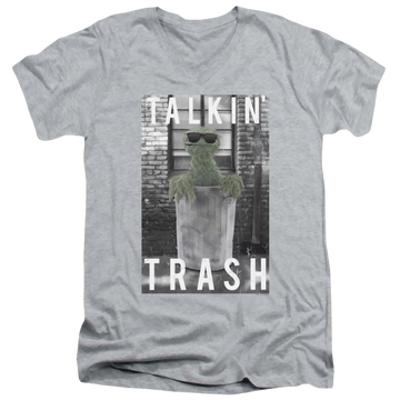 Athletic heather men's v-neck t-shirt with Sesame Street Talkin Trash graphic