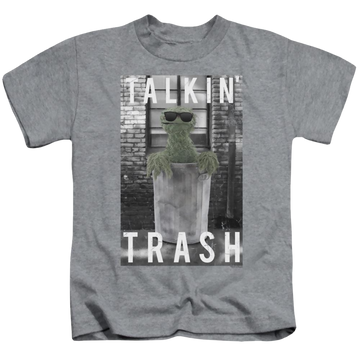 Athletic heather kid's t-shirt for ages 4 to 7 with Sesame Street Talkin Trash graphic