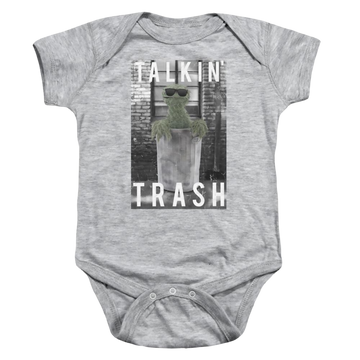 Athletic heather baby bodysuit with Sesame Street Talkin Trash graphic