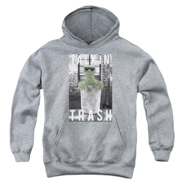 Athletic heather youth hoodie for ages 8 to 12 with Sesame Street Talkin Trash graphic