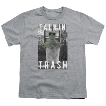 Athletic heather youth t-shirt for ages 8 to 12 with Sesame Street Talkin Trash graphic
