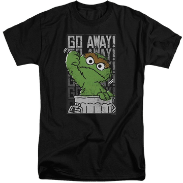 Black men's tall fit t-shirt with Sesame Street Go Away graphic