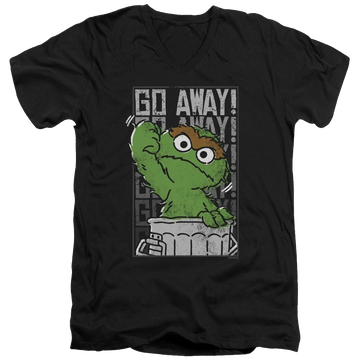 Black men's v-neck t-shirt with Sesame Street Go Away graphic
