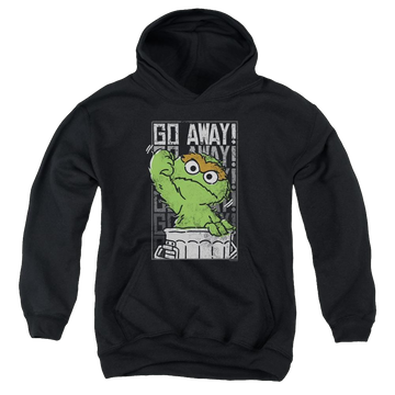 Black youth hoodie for ages 8 to 12 with Sesame Street Go Away graphic