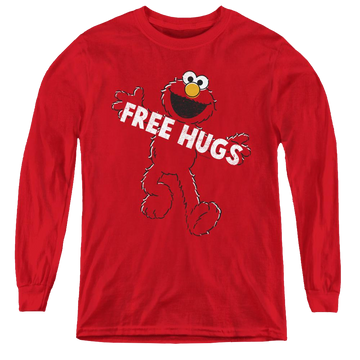 Red youth long sleeve t-shirt with Sesame Street Free Hugs graphic