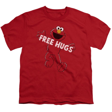 Red youth t-shirt for ages 8 to 12 with Sesame Street Free Hugs graphic