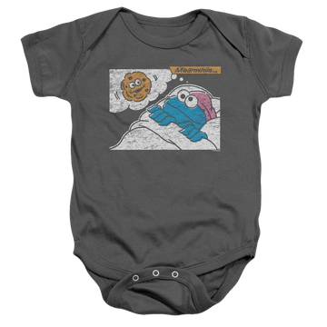 Charcoal baby bodysuit with Sesame Street Meanwhile graphic