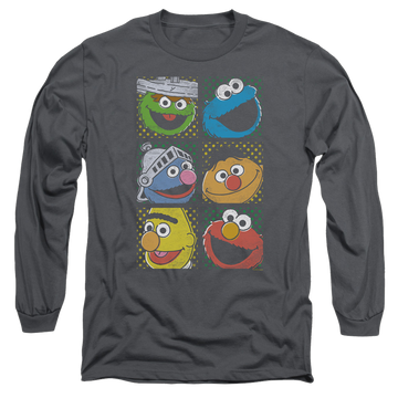 Charcoal men's long sleeve t-shirt with Sesame Street Group Squares graphic