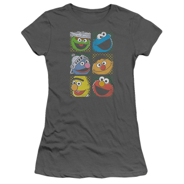 Charcoal juniors t-shirt with Sesame Street Group Squares graphic