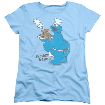 Light blue women's t-shirt with Sesame Street Freshly Baked graphic