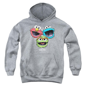 Athletic heather youth hoodie for ages 8 to 12 with Sesame Street Halftone Heads graphic