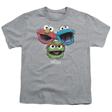 Athletic heather youth t-shirt for ages 8 to 12 with Sesame Street Halftone Heads graphic