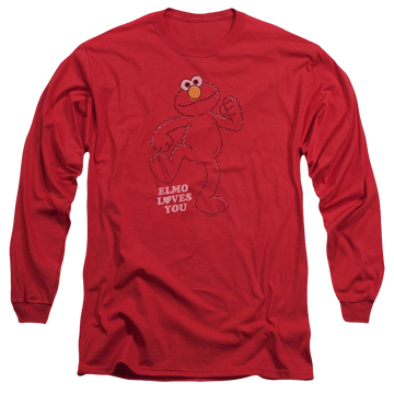Red men's long sleeve t-shirt with Sesame Street Elmo Loves You graphic